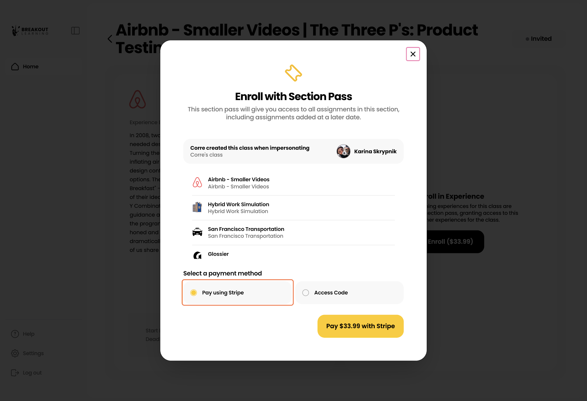 Selecting a Breakout Learning payment option