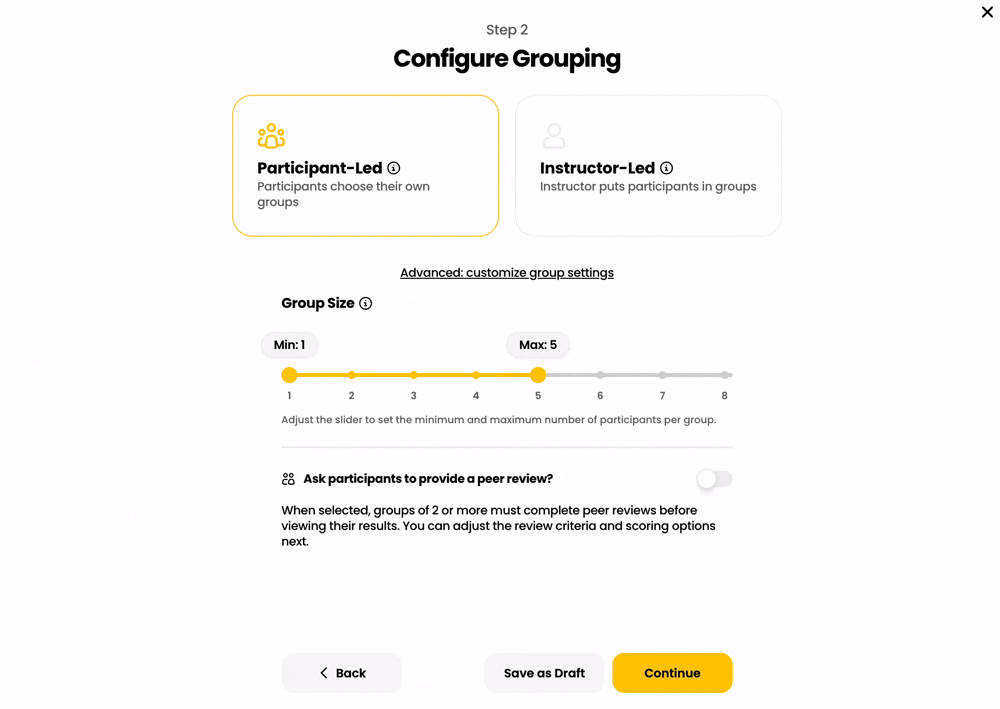 Configuring peer reviews for an experience